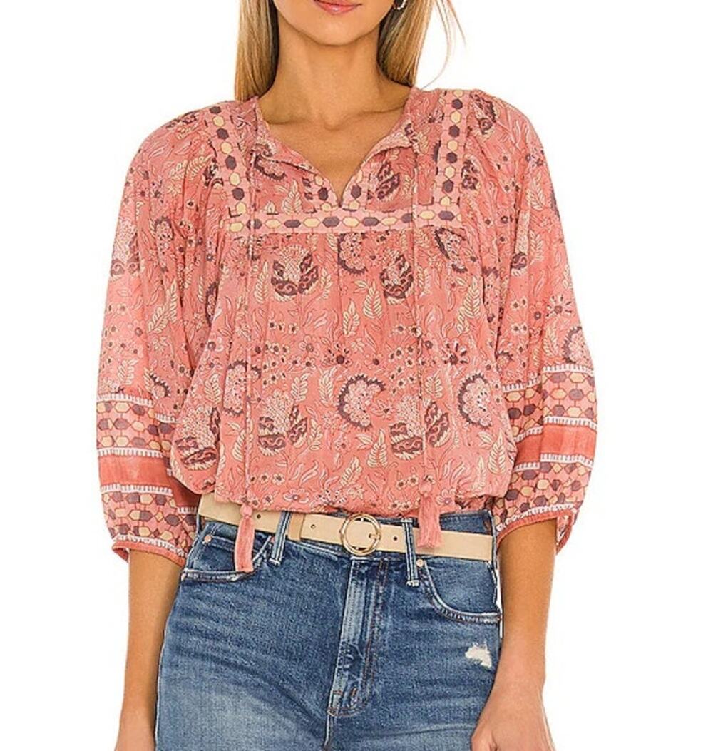 Cleobella Amarills Floral Blouson Sleeve Split Neck Blouse Top Cherry Blossom S